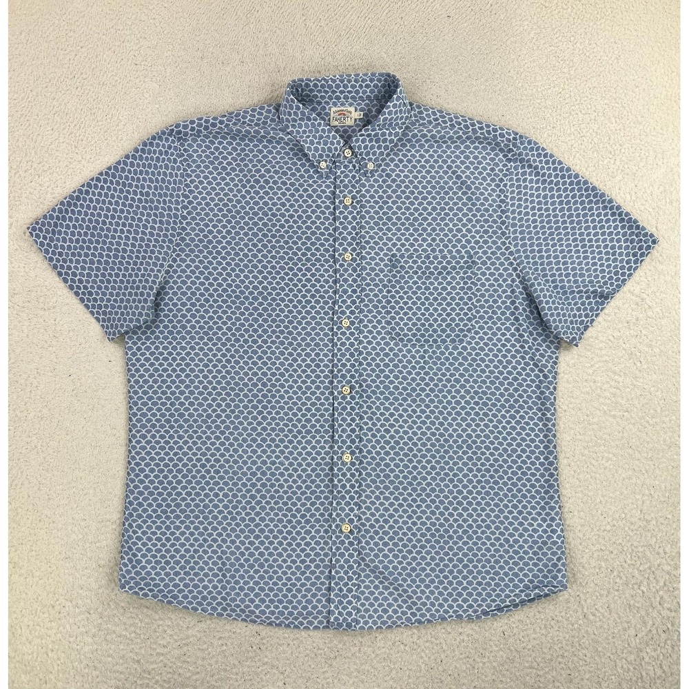 Faherty Shirt Mens Large Blue Indigo Dyed Geometric Short Sleeve Button Up